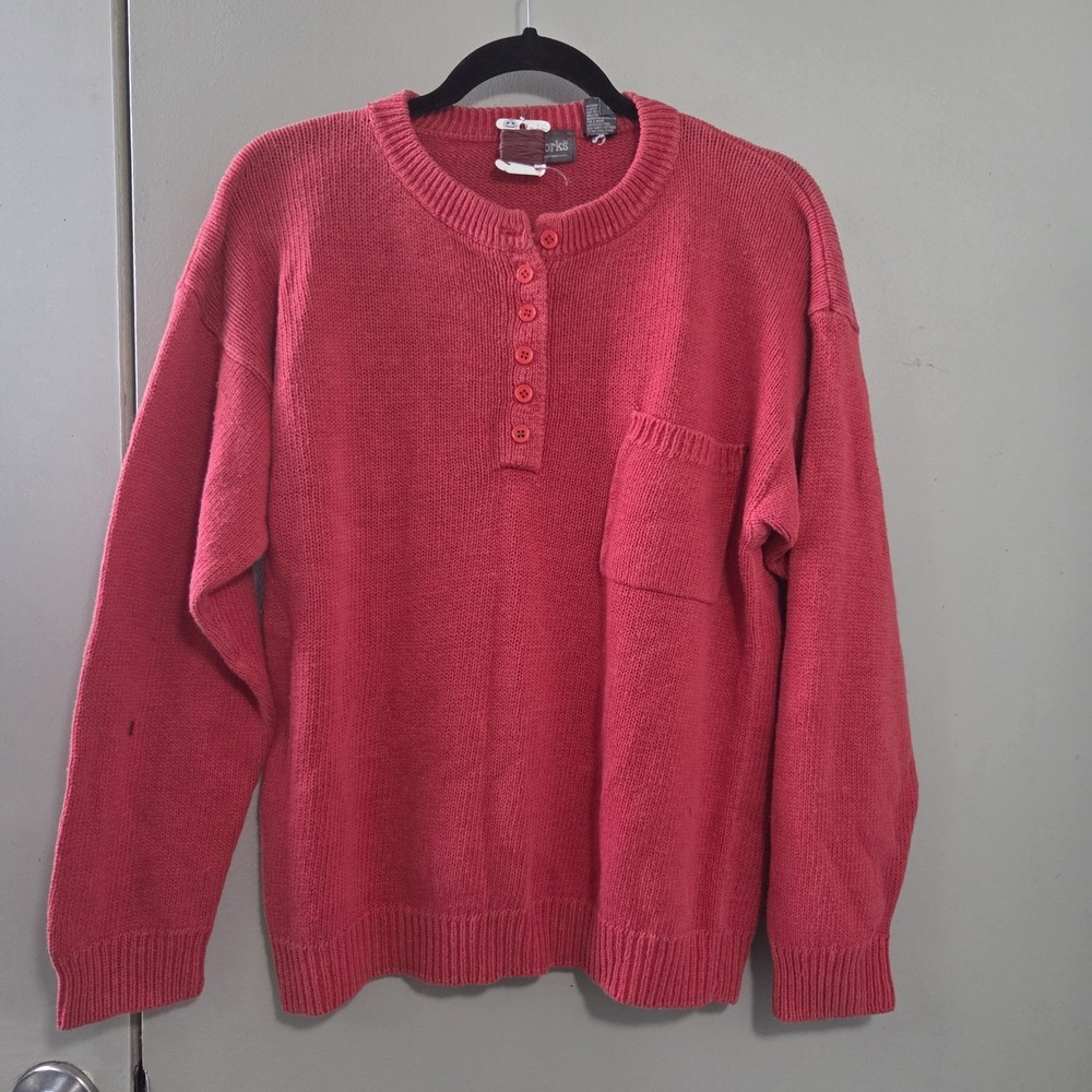 Mindfully Mended M Red Cotton Ramie Henley Sweater Vtg Grunge Streetwear Kidcore
